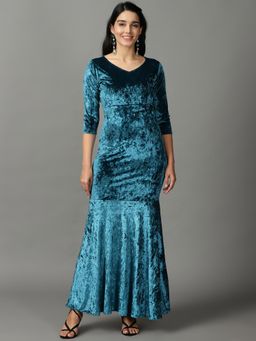 SHOWOFF - Womens Wrap Turquoise Blue Solid Maxi Dress