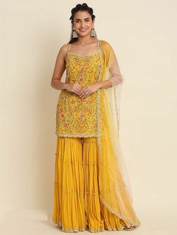 Odette - Yellow Floral Embroidered Georgette Semi Stitched Dress Material (Set of 3)