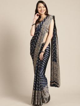 Tikhi Imli - Navy & Grey Striped Crepe Saree with Unstitched Blouse