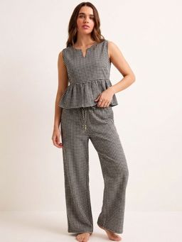 Chelvet - Women's Black Checked Peplum Top and Pyjama