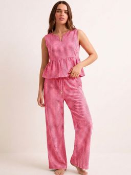 Chelvet - Women's Pink Checked Peplum Top and Pyjama