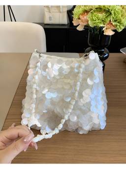 MISS MOSA BY AKANKSHA - Belle Sequin Hand Bag with Chain White