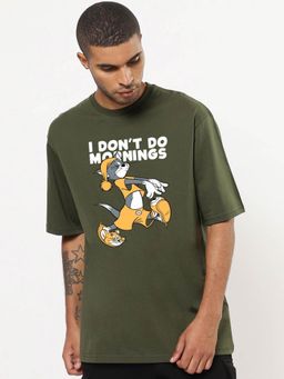 Bewakoof - Official Tom & Jerry Men's Olive I Don't Do Mornings Graphic Printed Oversized T-shirt