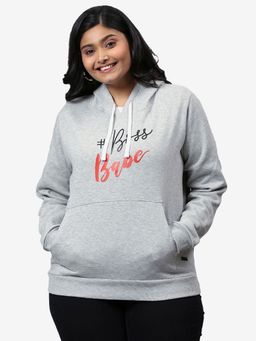 Instafab Plus - Size Women Printed Casual Hooded Sweatshirt Grey
