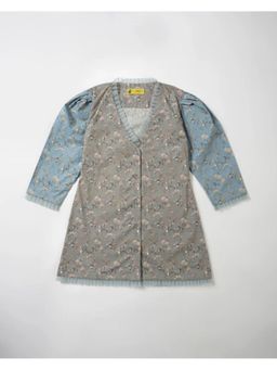 Avokiddos - Grey Girls Contrast Flowers Round Shoulder Dress