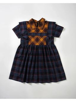 Avokiddos - Navy Blue Girls Contrast Front Checkered Dress
