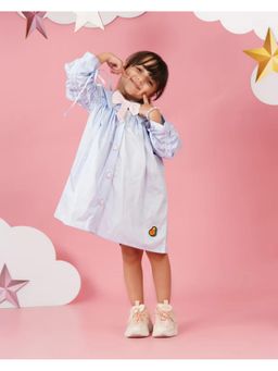 Avokiddos - Blue Girls Pink Bow Big Sleeved Dress