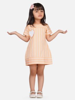 Avokiddos - Orange Girls White Heart Striped Dress