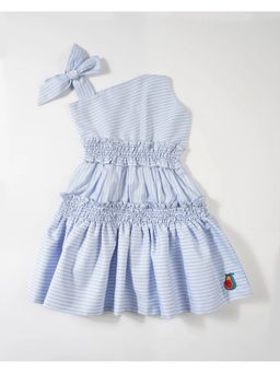 Avokiddos - Blue Girls Smocked One Shoulder Dress