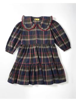 Avokiddos - Navy Blue Girls Stylish Plaid Dress