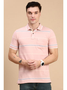 Classic Polo - Men Half Sleeves Pink White Slim Fit Stripes Polo T-Shirt