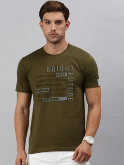 Classic Polo - Men Half Sleeves Olive Slim Fit Embossed Typography T-Shirt