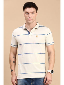 Classic Polo - Men Half Sleeves Beige Slim Fit Stripes Polo T-Shirt