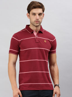 Classic Polo - Men Half Sleeves Maroon Slim Fit Stripes Polo T-Shirt