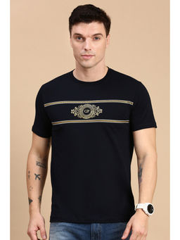 Classic Polo - Men Half Sleeves Navy Blue Slim Fit Printed T-Shirt