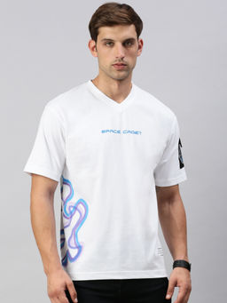 Classic Polo - Men Half Sleeves White V-Neck Slim Fit Printed Oversized T-Shirt
