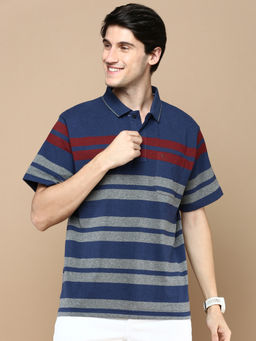 Classic Polo - Men Half Sleeves Navy Blue Grey Authentic Fit Stripes Polo T-Shirt