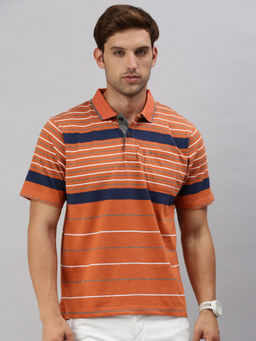 Classic Polo - Men Half Sleeves Orange Authentic Fit Stripes Polo T-Shirt