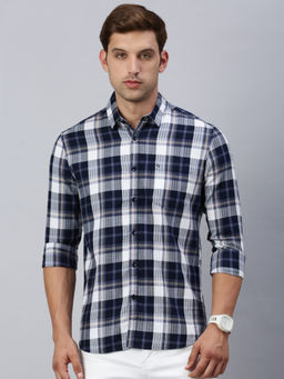 Classic Polo - Men Full Sleeves Navy Blue White Slim Fit Checks Casual Shirt