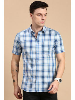 Classic Polo - Men Half Sleeves Blue White Slim Fit Checks Casual Shirt