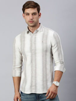 Classic Polo - Men Full Sleeves Off White Grey Slim Fit Stripes Casual Shirt