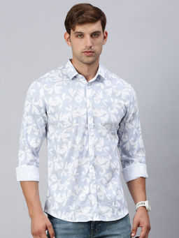 Classic Polo - Men Full Sleeves Blue White Slim Fit Floral Printed Casual Shirt