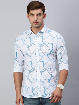 Classic Polo - Men Full Sleeves Blue White Slim Fit Printed Casual Shirt