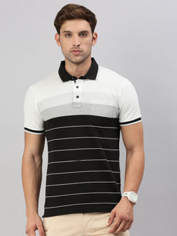 Classic Polo - Men Half Sleeves White & Black Slim Fit Stripes Polo T-Shirt