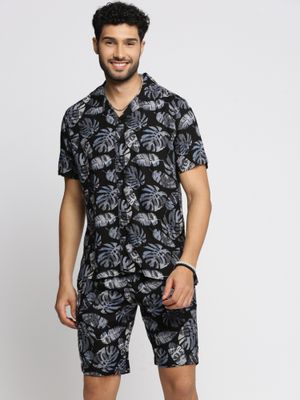 Men's Black Printed Cuban Collar Relaxed Fit Co-Ords Set