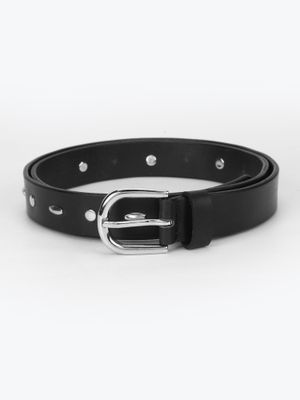 Aditi Wasan Women's Black Genuine Leather Belt with Golden O-Ring Buckle