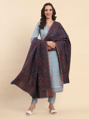 Navy Blue Woven Design Wool Women's Shawl