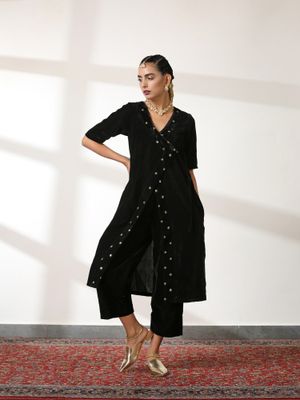 MULMUL CIARA BLACK SEQUIN ANGRAKHA KURTA SET