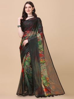 Amrutam Fab - Womens Lycra Digital Print Multi Color Saree with Unstitched Blouse Piece