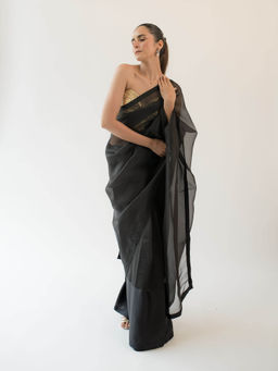 KAPARDARA - Asters Pure Silk Organza Saree In The Shade Of Black Featuring A Border