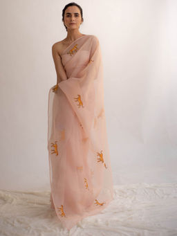 KAPARDARA - A Pure Silk Organza Saree In The Shade Of Rose Pink With Hand Painted Motifs