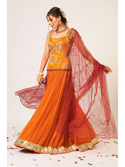 Aayushi Maniar - Orange Gola Kari Lehenga with Kurti and Dupatta (Set of 3)