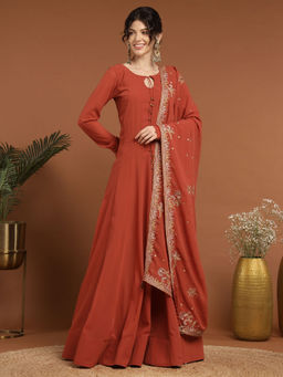 RIRASA - Acala Georgette Rust Anarkali with Dupatta (Set of 2)