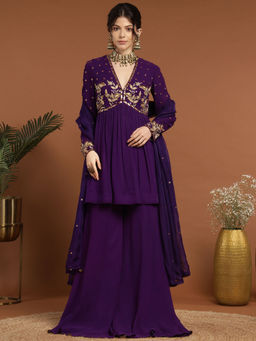 RIRASA - Nirguna Georgette Purple Top with Sharara and Dupatta (Set of 3)