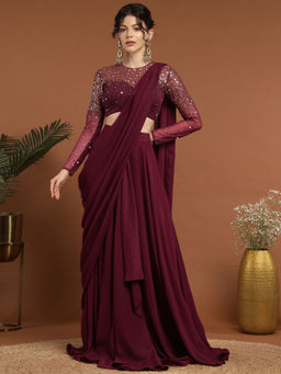 RIRASA - Sumedha Lurex Crepe Wine Drape Saree with Stitched Blouse