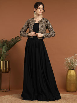 RIRASA - Punyah Satin and Silk Black Lehenga with Bustier and Jacket (Set of 3)