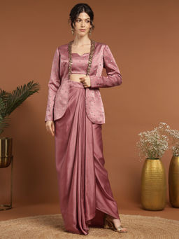 RIRASA - Murali Satin Pastel Pink Bustier with Drape Skirt and Jacket (Set of 3)