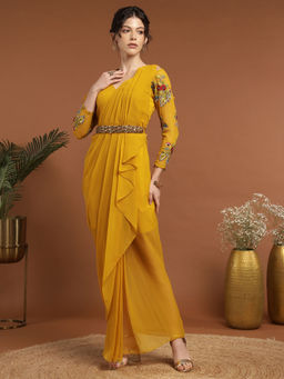 RIRASA - Devesh Georgette Yellow Dress with Belt (Set of 2)