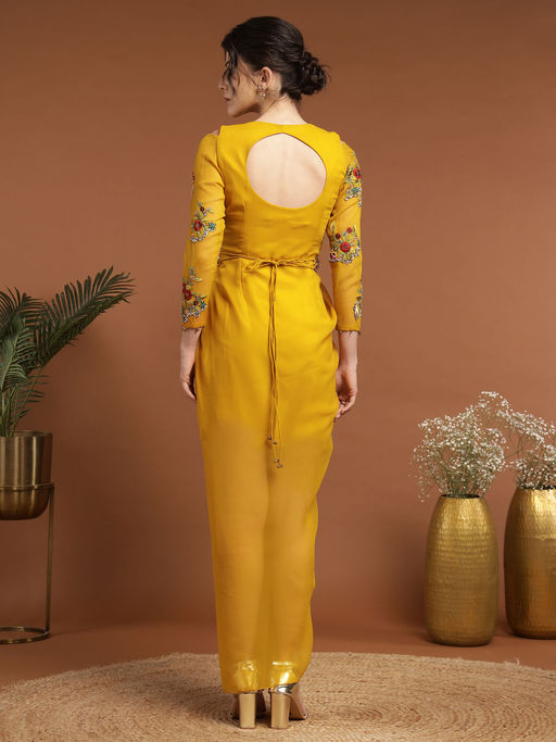 Buy RIRASA Devesh Georgette Yellow Dress with Belt (Set of 2) (XS) Online
