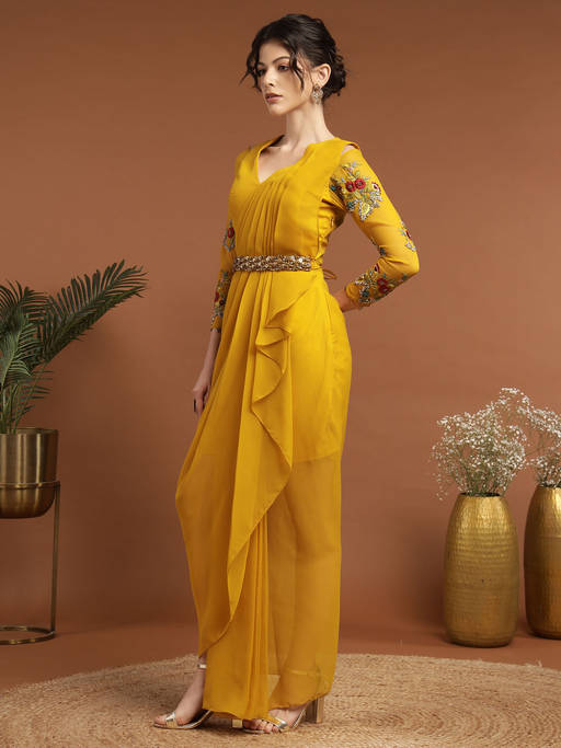 yellow dress with brown belt Buy RIRASA Devesh Georgette (Set of 2) (XS) Online Mustard