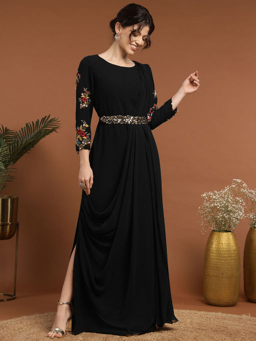 black dress set for women JLUXLABEL New Age draped Crop Top and maxi Skirt Set in Black
