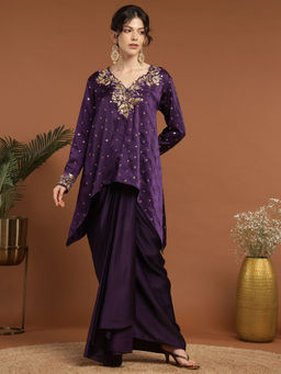 RIRASA - Anant Satin Purple Kurta with Drape Skirt (Set of 2)
