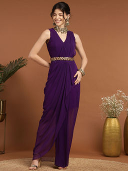 RIRASA - Aadhidev Georgette Purple Dress with Belt (Set of 2)
