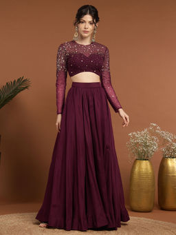 RIRASA - Padmahasta Organza and Net Wine Lehenga with Blouse (Set of 2)