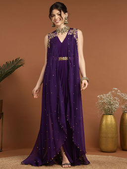 RIRASA - Anjana Organza Purple Dress with Belt and Cape (Set of 3)