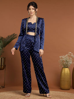 RIRASA - Madhava Satin Royal Blue Bustier with Pants and Jacket (Set of 3)